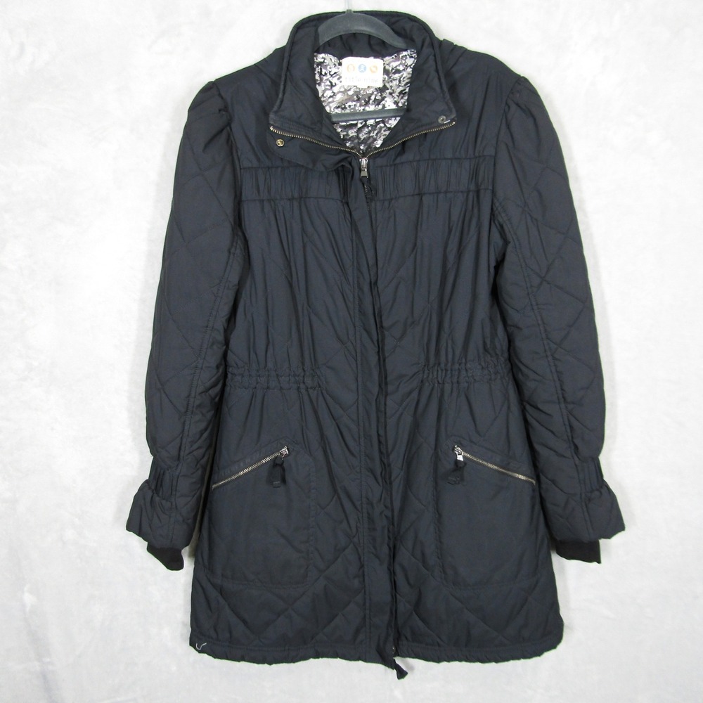 Title Nine Womens Black Large Quilted Long Puffer Parka Jacket Cinched Waist